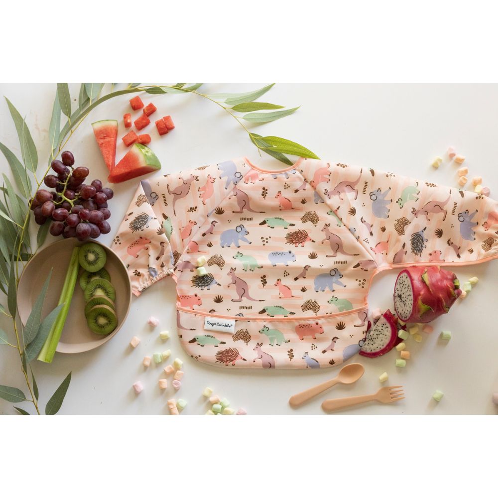 Tiny Twinkle - Mess Proof Long Sleeve Bibs - Aussie Animals Pink