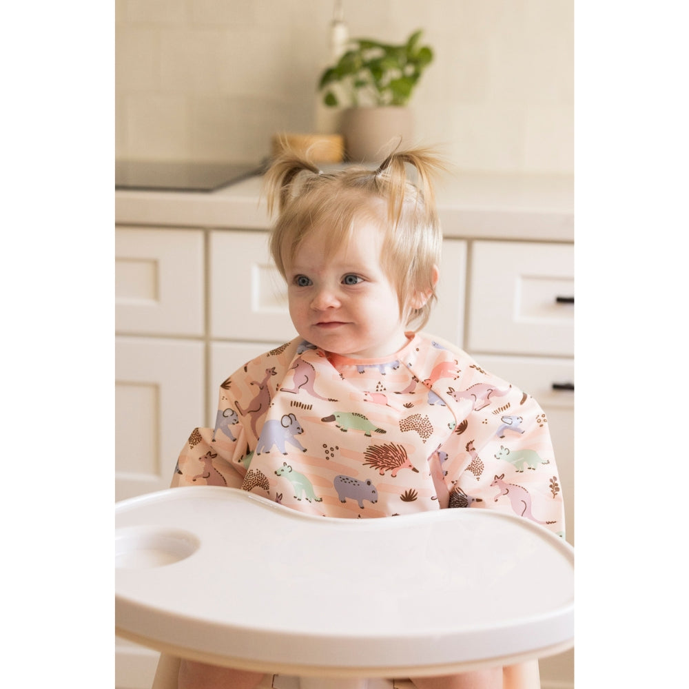 Tiny Twinkle - Mess Proof Long Sleeve Bibs - Aussie Animals Pink